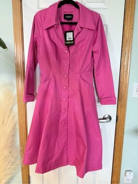 Collectif Vibrant Pink Long-Sleeve Button Front Swing Dress